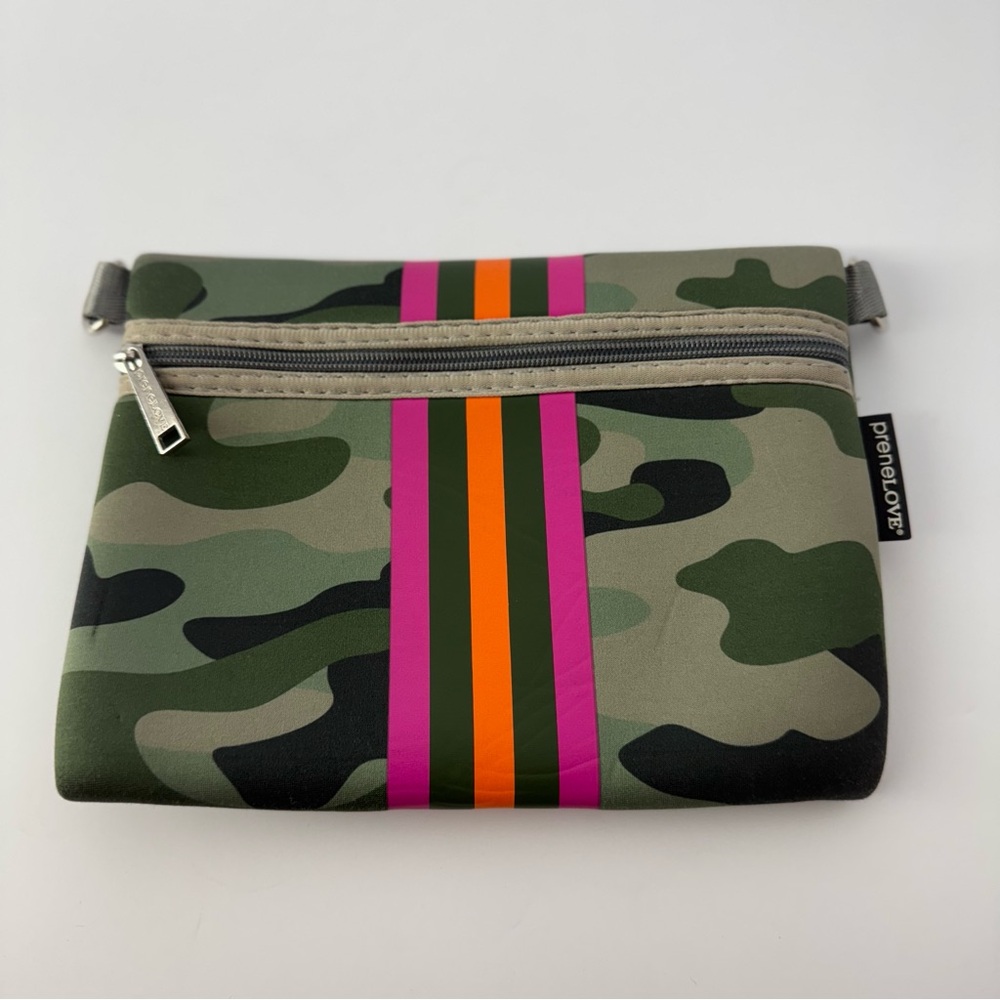 Prenelove Camo & Stripe Wristlet Zipper Small Bag Green Pink & Orange Stripes
